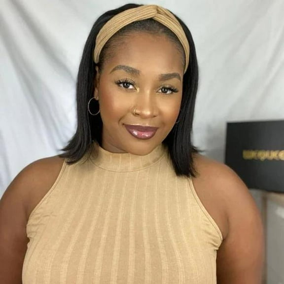 ASHINE 10'' Glueless Bob Wig with Closure & Headband - Straight Human Hair Wig 150% Density Natural 1B# Black Pre Plucked Ready to Wear