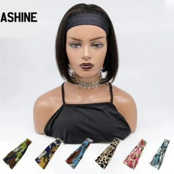 ASHINE 1B# Natural Black 100% Human Hair Headband Wig Straight 16'' 150% Density 1 Piece Brazilian Hair Heat Resistant 356F Glueless