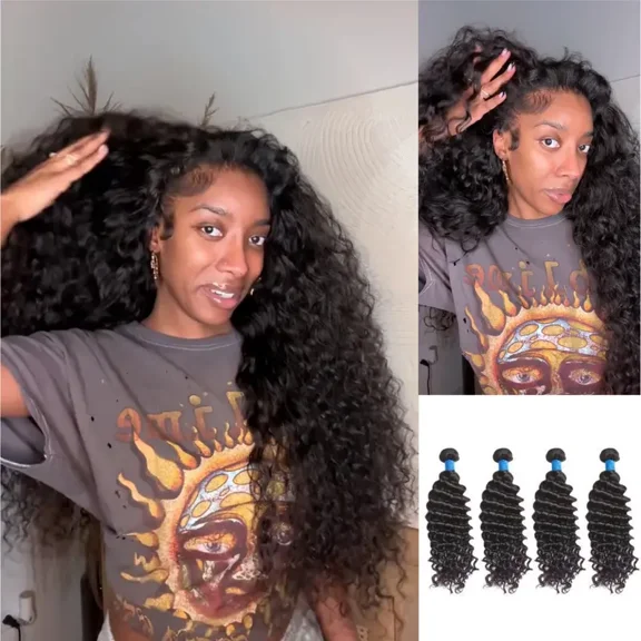 ASHINE Vacation Hair 10A Brazilian Virgin 100% Human Hair Deep Wave Deep Curly Bundles Sew In Quick Weave Ponytail Closure Extensions 12 Inches Afro Kinky Bulk
