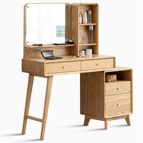 Ashion Makeup Vanity Desk with Drawers Mirror Makeup Dressing Table Nightstand Storage Shelves for Bedroom