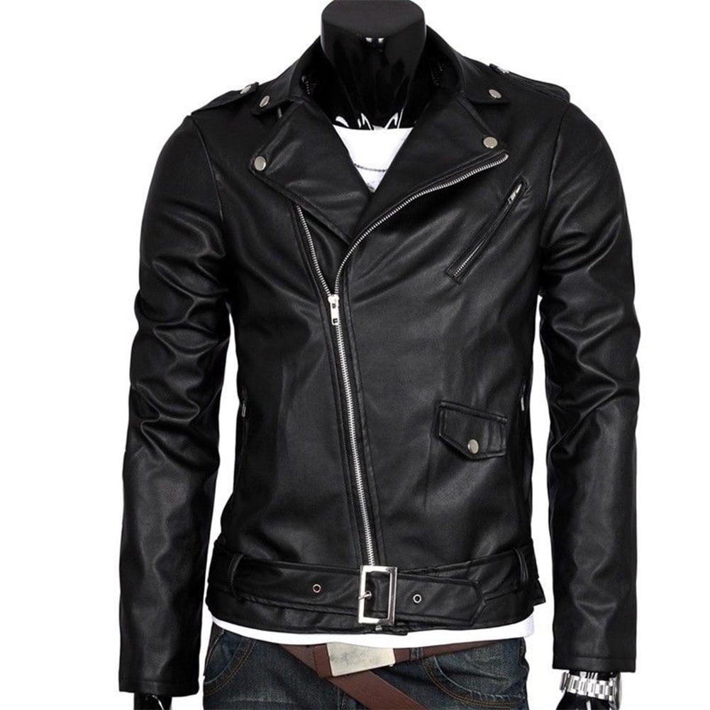 Men Leather Jacket Slim Fit Motorcycle Jacket Zipper Casual Coat Spring Autumn Winter Color black Size L Walmart