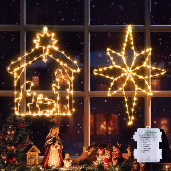Aship Christmas Decorations, 280 LED Nativity Scene & Bethlehem Star Christmas Window Silhouette Lights, 8 Modes Battery Operated Christmas Window Lights with Timer, 2 Pack Warm White