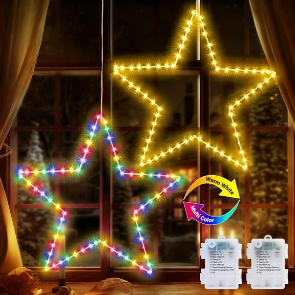 Aship 2 pack Battery Powered Christmas Window Lights, 19.6in 70LED Color Changing Star Light for Windows, Foldable Christmas Decor with Timer & 8 Flash Modes Memory for Indoor Outdoor Holiday Magic