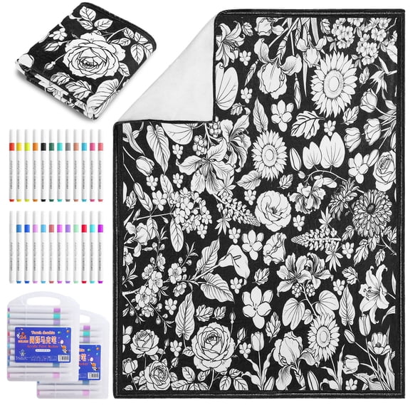 Aship Coloring Blanket, DIY Coloring Blankets for Adults with 24 Colors Markers, 50'' x 59'', Creative Gift Keepsake for Birthday Christmas, Soft Snuggle Color Blankets for Bed Couch Home Decor