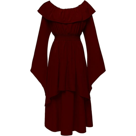 Ashirexll 1800s Dress for Women, Semi Formal Dresses Casual Wide Round Neck Long Sleeve Vintage Long Dress Wine 3XL