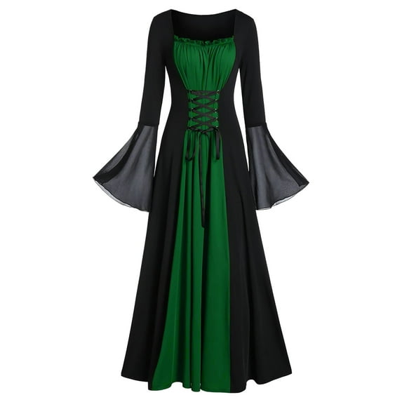 Ashirexll 1950's Dresses for Women Vintage, Womens Celtic Medieval Floor Length Dress, Renaissance Gothic Cosplay Dress, Mesh Bell Sleeve Irregular Long Dress Green M