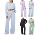 thumbnail image 1 of Ashirexll 2 Piece Sets for Women Solid Color Casual Loose Knit Long Sleeve Round Neck Top with Elastic Waist Pocket Pants Set, 1 of 5