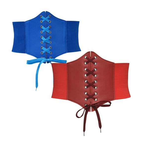 Ashirexll 2PC Waist Trainer for Women Solid Color Wide Style Adjustable Strap Retro Court Style Corset Blue + Wine Free Size