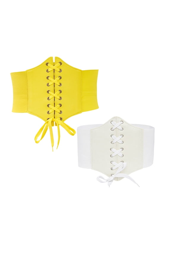 2PC Waist Trainer for Women Solid Color Wide Style Adjustable Strap Retro Court Style Corset Yellow + White Free Size