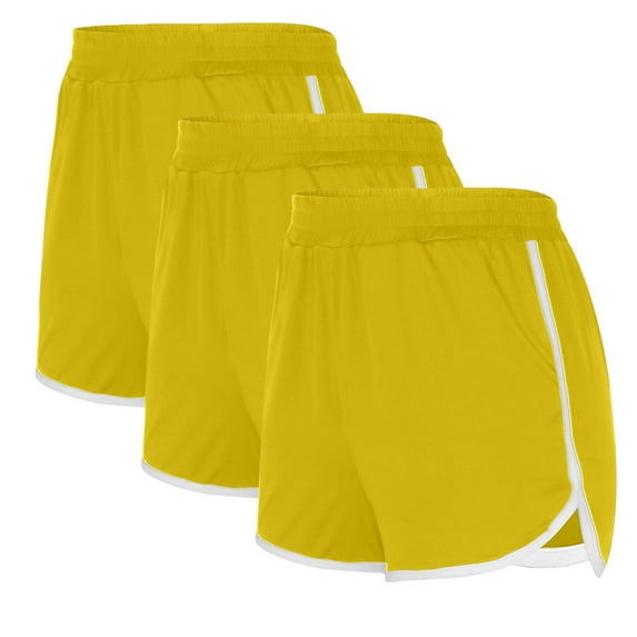 Ashirexll 3PCS Workout Shorts Women, Solid Color Shorts Casual Loose Comfy Elastic Waist Yoga Athletic Short Trendy Beach Shorts with Pockets Style A Yellow XL