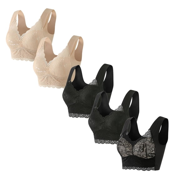 Ashirexll 5PC Bralettes for Women, No Underwire Full Support Plus Size Lace Beauty Back Solid Color Gathered Together Strap Wrap Bra Black C 4XL