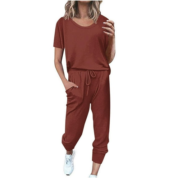 Ashirexll Active Wear Sets for Women, Womens Lounge Set, Fashion Summer Solid Button Casual Short SLeeve Top and Pant Set Wine M