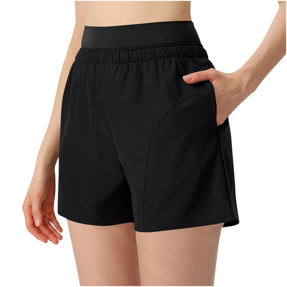 Ashirexll Athletic Shorts for Women, Solid Color Casual Elastic Waist Sports Shorts with Pocket Black S