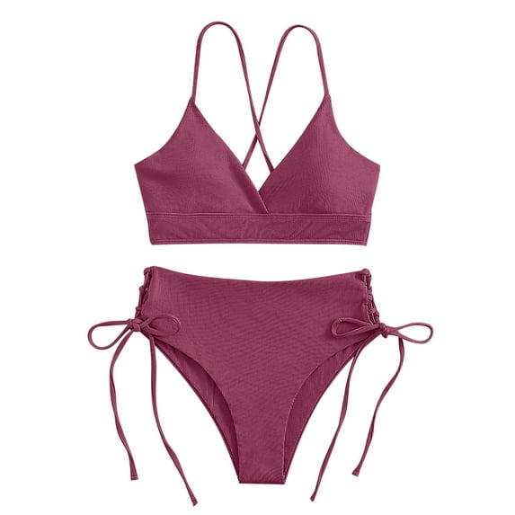 Ashirexll Bathing Suits for Women, Cheeky Bikini Sets for Women, Women's Solid Color Bandage Sexy Tight Bikini Swimsuit Purple XL