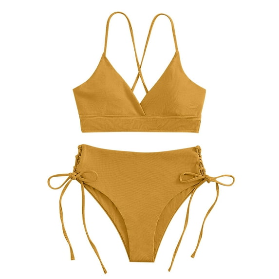 Ashirexll Bathing Suits for Women, Cheeky Bikini Sets for Women, Women's Solid Color Bandage Sexy Tight Bikini Swimsuit Yellow XL