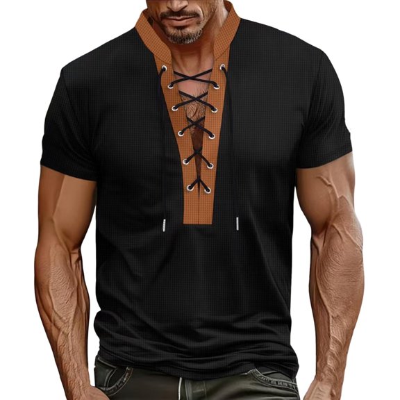Ashirexll Big and Tall Shirts for Men, Summer Shirts for Men, Summer Fashion V-neck Lanyard Stand-up Collar Short Sleeve Shirts for Casual