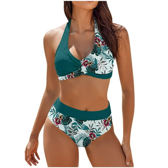 Ashirexll Bikini Sets for Women, High Waisted Bathing Suits for Women, Retro Printed Swimsuit Set Swimsuit Beach Skirt Set Split Swimsuit Set Green S