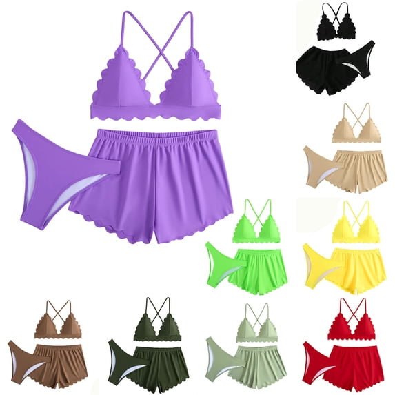 Ashirexll Bikini Sets for Women Three Piece Swimsuit with Drawstring Beach Two Piece Bikini Solid Color Fashion Casual Swimwear