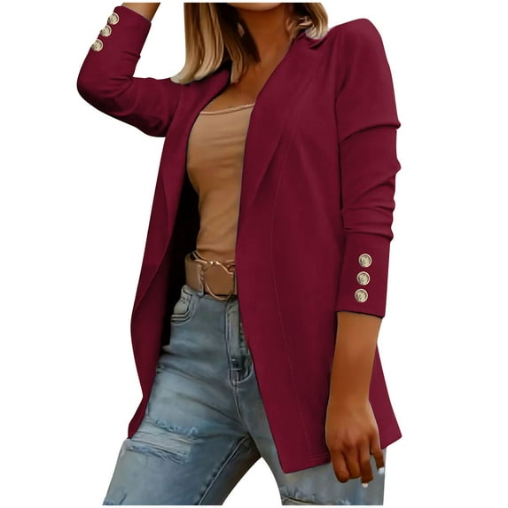 Ashirexll Blazers for Women Business Casual Turn Down Collar Solid Color Open Front Button Long Sleeve Work Office Jackets Blazer Red M
