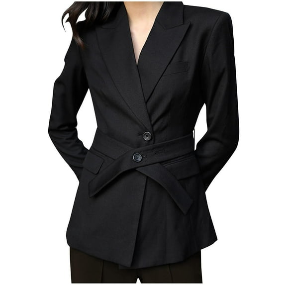 Ashirexll Blazers for Women Fall Winter Button Solid Color Tie Slim Turn Down Collar Long Sleeve Casual Outwear Jacket with Pockets Black S