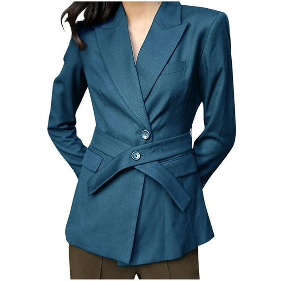 Ashirexll Blazers for Women Fall Winter Button Solid Color Tie Slim Turn Down Collar Long Sleeve Casual Outwear Jacket with Pockets Blue XXL