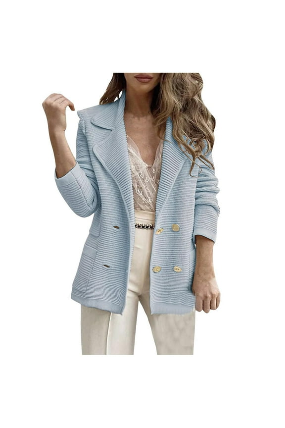 Blazers for Women Fashion Casual Fall Long Sleeve Button Turn Down Collar Slim Work Office Blazer Jacket Sky Blue M