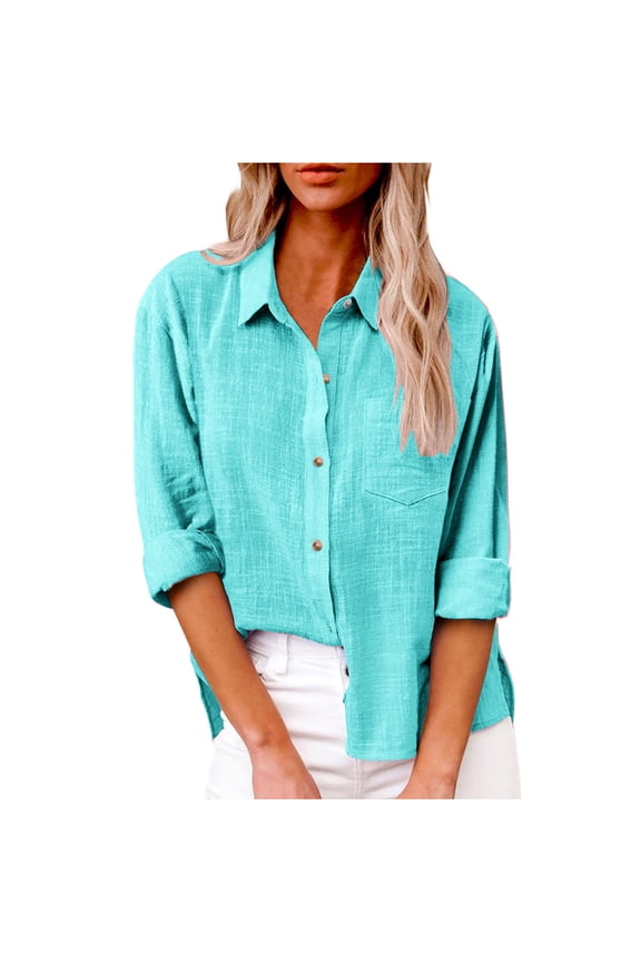 Blouses for Women, Solid Color Plus Size Long Sleeve Womens V-Neck Roll up Sleeve Button Down Blouses Tops Blue 4XL