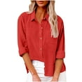 thumbnail image 1 of Ashirexll Blouses for Women, Solid Color Plus Size Long Sleeve Womens V-Neck Roll up Sleeve Button Down Blouses Tops Red 5XL, 1 of 7