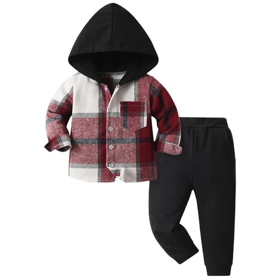 Ashirexll Boys Clothing Sets Fashion 2 Piece Single Breasted Hooded Plaid Long Sleeve Top with Casual Pants Set