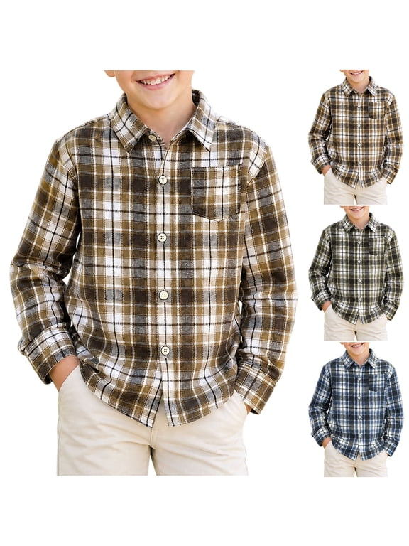 Boys Long Sleeve Shirts Plaid Turn Down Collar Long Sleeve Shirt for Little Boys School Style 1-11 Years