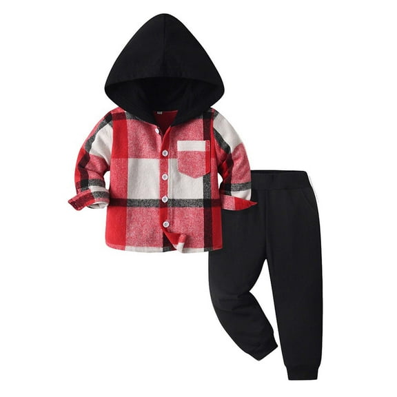 Ashirexll Boys Outfits 2 Piece Set Fall Winter Plaid Hooded Long Sleeve Shirt with Casual Pants Toddler Clothing Sets for Boys and Girls