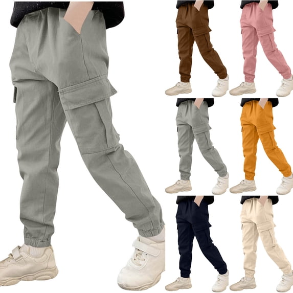 Ashirexll Boys Pants Fall Winter Cargo Pants with Pockets Cuffed Casual Pants for 3-14 Years
