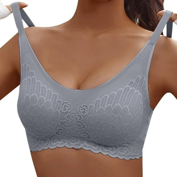 Ashirexll Bralettes for Women, Racerback Bras for Women, Solid Color Traceless Seamless Gathering Lace Sports Wireless Bra Gray XL