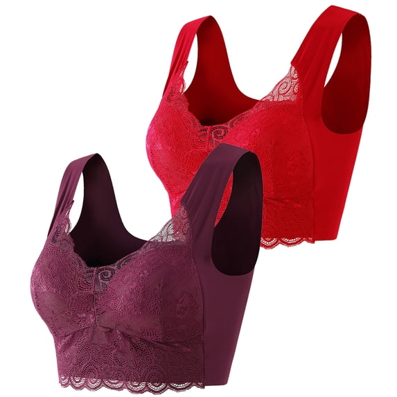Ashirexll Bralettes for Women, Womens Bras No Underwire Full Support, Solid Color Wireless Bra Gathering Traceless Thin Breathable 2PC Red D 5XL