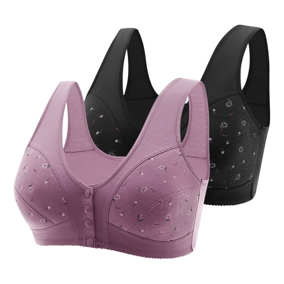 Ashirexll Bras for Women, Bra for Big Busted Women, Front Closure Print Gathering Breathable Comfortable Posture Support Bra 2PC Black F 5XL