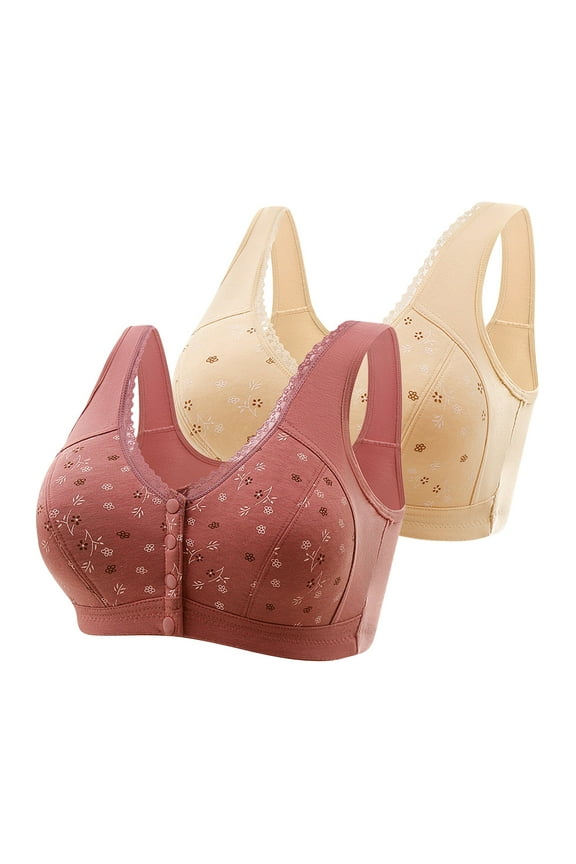 Bras for Women, Bra for Big Busted Women, Front Closure Print Gathering Breathable Comfortable Posture Support Bra 2PC Khaki B 5XL