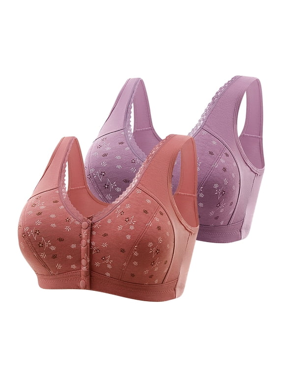 Bras for Women, Bra for Big Busted Women, Front Closure Print Gathering Breathable Comfortable Posture Support Bra 2PC Purple B XL