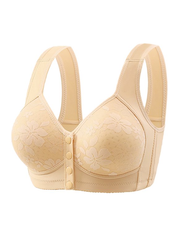 Bras for Women Fixed Cup Front Button Bra No Steel Ring Bra Thin Cut Perforated Cup Breathable Bra Beige 36