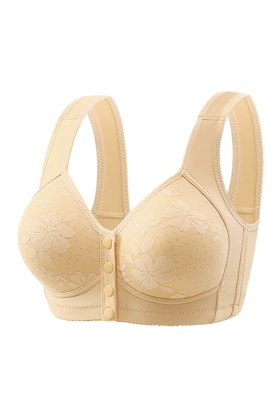 Bras for Women Fixed Cup Front Button Bra No Steel Ring Bra Thin Cut Perforated Cup Breathable Bra Beige 36
