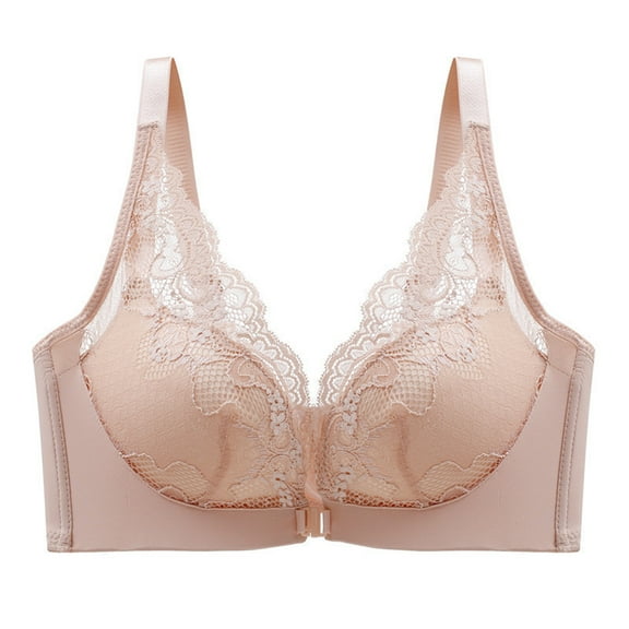 Ashirexll Bras for Women Front Closure Lace Gathering Posture Support Breathable Comfortable Soft Wireless Bras Khaki L