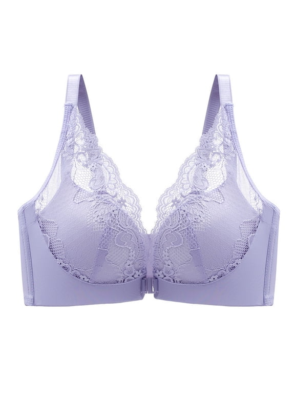 Bras for Women Front Closure Lace Gathering Posture Support Breathable Comfortable Soft Wireless Bras Purple M