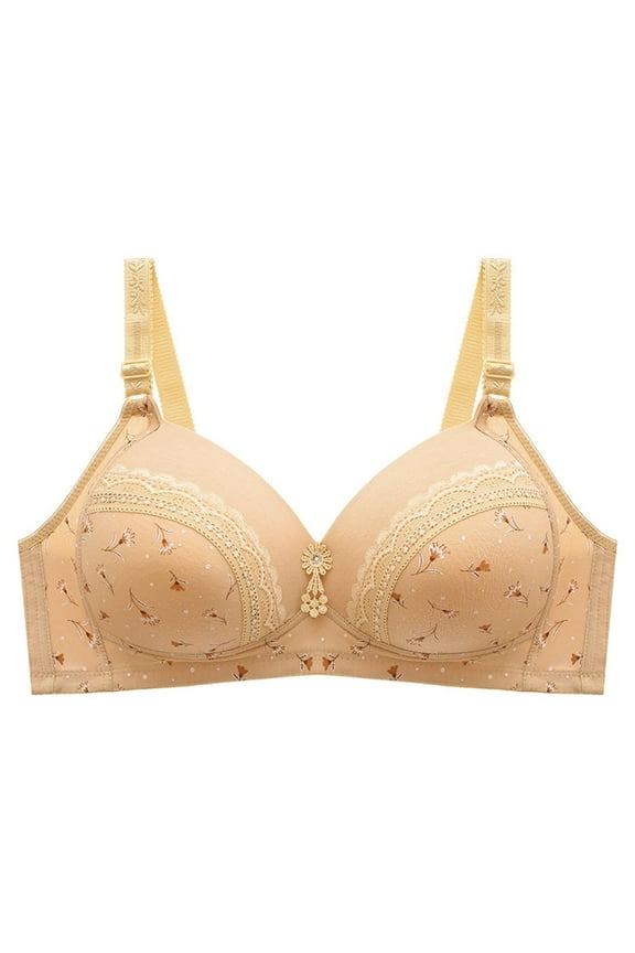 Bras for Women No Underwire, Push up Bras for Women, Daisy Print Gathering Breathable Bra Khaki L