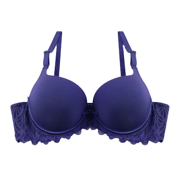 Ashirexll Bras for Women Spaghetti Adjustable Straps Breathable Thick Cup Lace Bra Soft Underwire Gathered Posture Support Push Up Bra Dark Blue L