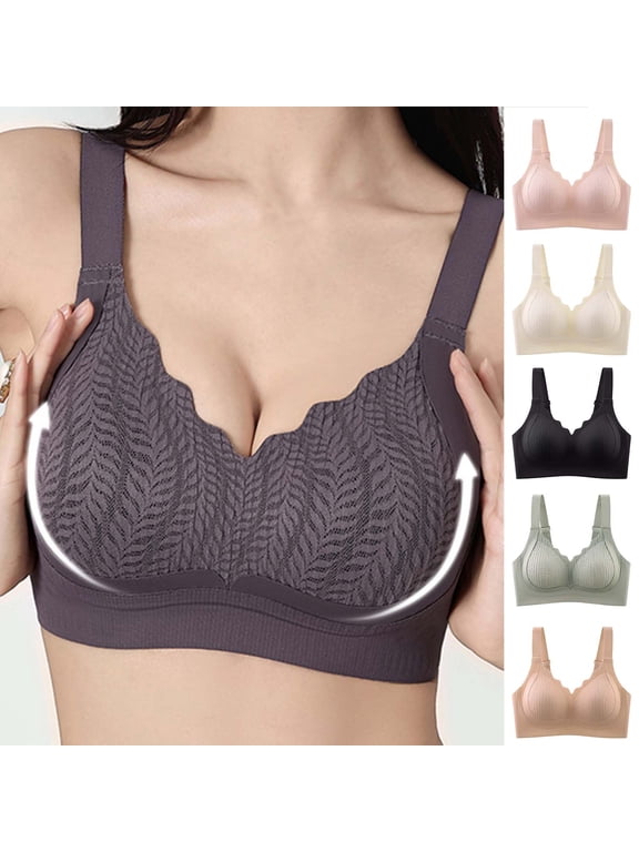 Bras for Women no Underwire Solid Color Embroidered Ruffle Trim V Neck Seamless Wireless Bra Wide Straps Everyday