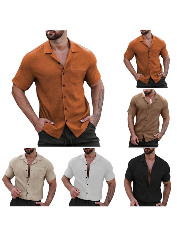 Button up Shirt Men, Big and Tall Shirts for Men, Solid Color Casual Loose Button Shirts with Pocket Short Sleeve Turndown Collar Shirts for Vacation
