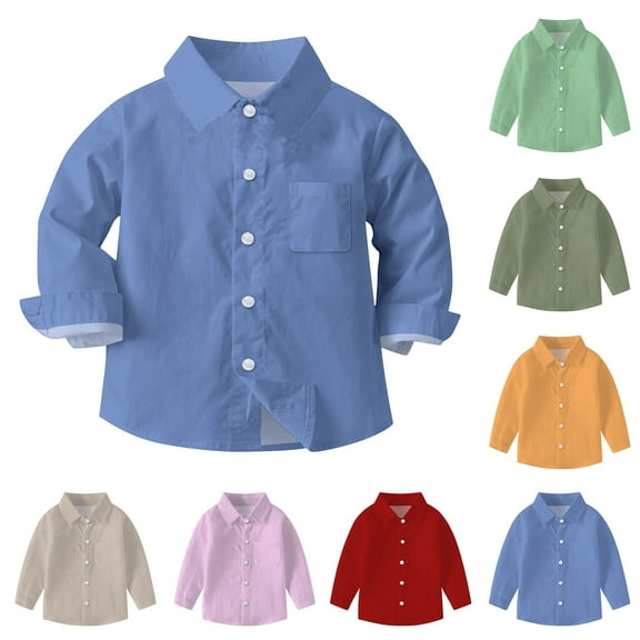 Ashirexll Button Up Shirts for Kids 6M-8 Years Solid Color Chest Pocket School Uniform Casual Long Sleeve