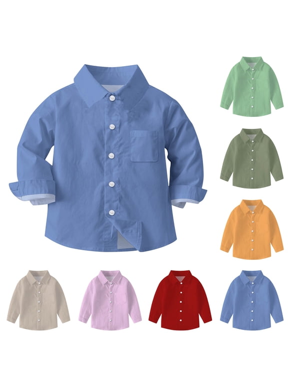 Button Up Shirts for Kids 6M-8 Years Solid Color Chest Pocket School Uniform Casual Long Sleeve