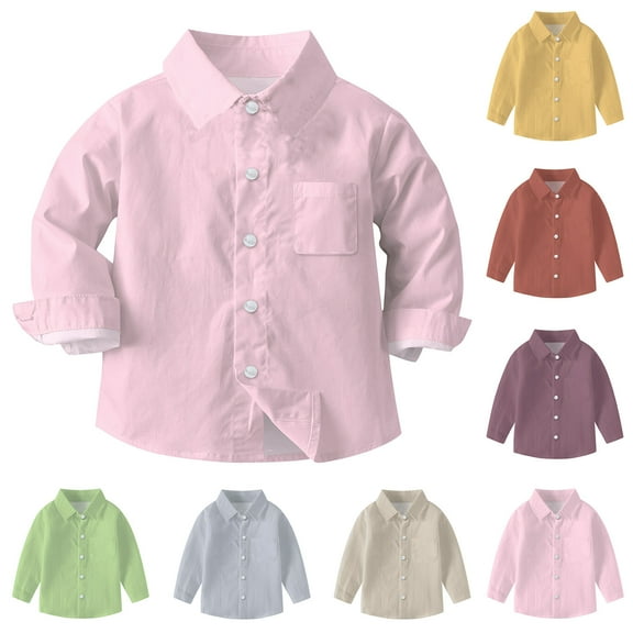 Ashirexll Button Up Shirts for Kids 6M-8 Years Solid Color Chest Pocket School Uniform Casual Long Sleeve