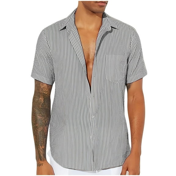Ashirexll Button up Shirt Men, Big and Tall Shirts for Men, Fashion Striped Button up Shirts Short Sleeve Standing Collar Summer Casual Tops