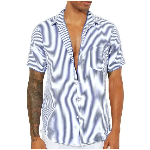 Ashirexll Button up Shirt Men, Big and Tall Shirts for Men, Fashion Striped Button up Shirts Short Sleeve Standing Collar Summer Casual Tops